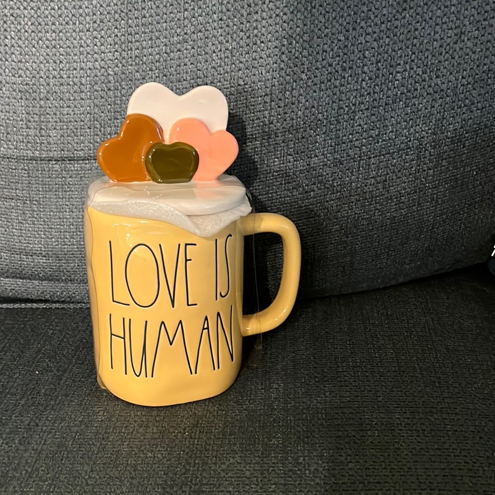 Rae Dunn love is human mug with cover